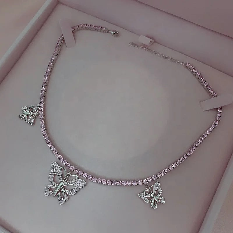 BABY PINK BUTTERFLY TENNIS NECKLACE